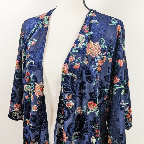 Fringed Velvet Burnout Floral Kimono - Picture 2 of 6